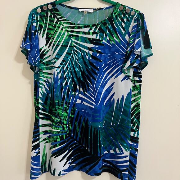 Tropical Womens Top Sz M Palm Leaves Resort Vacation Vibrant Flowy Modest Relax. - Picture 1 of 8